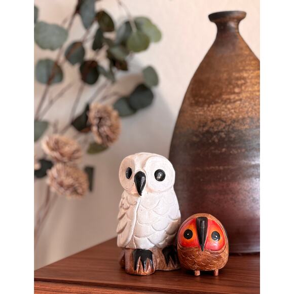 Hand-Carved Wooden Owl Figurines Set, White & Red-Black, Earthy Cute Home Decor - Picture 1 of 8